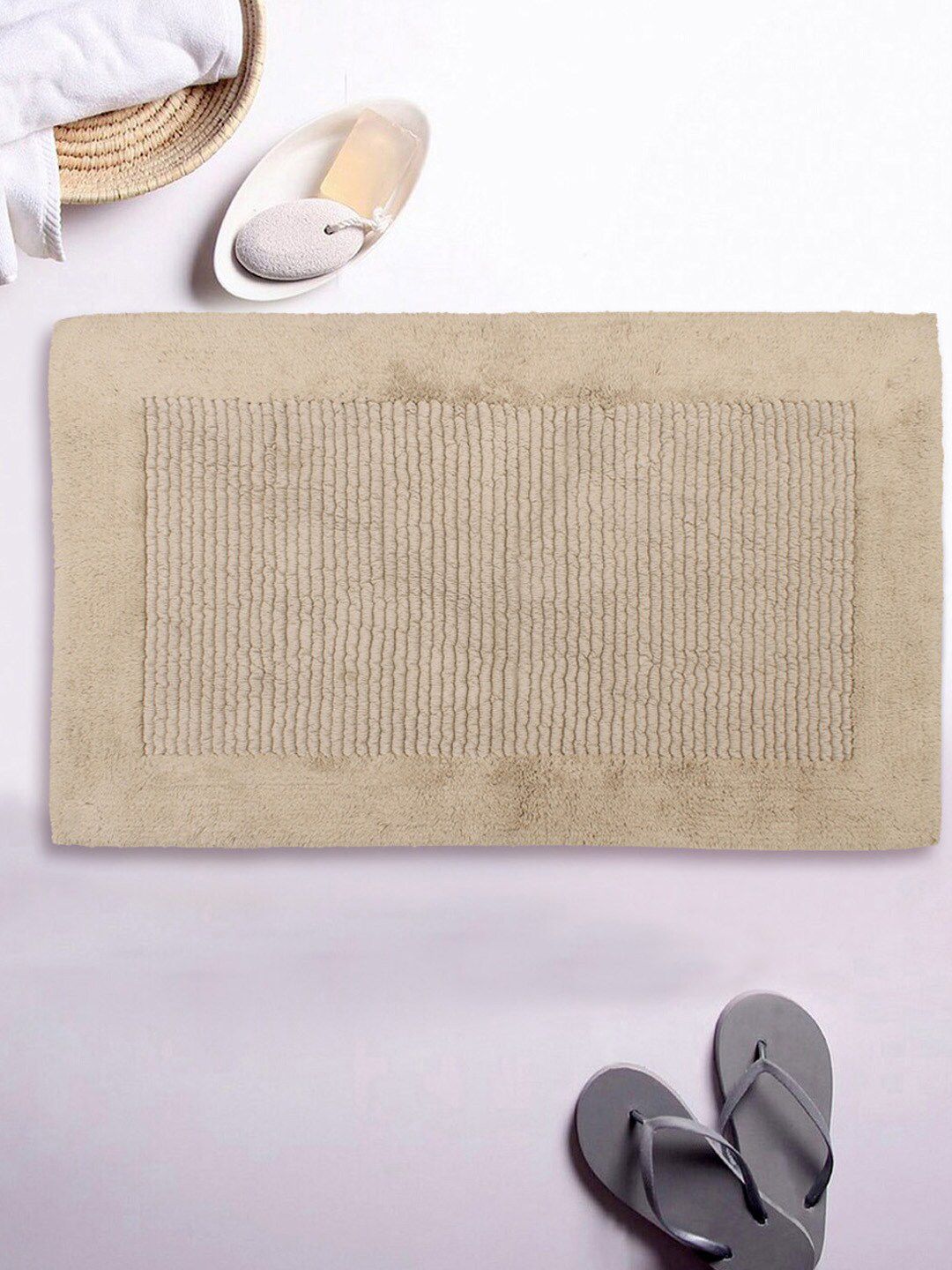 AVI Living Beige Ribbed Reversible Pure Cotton 3500 GSM Bath Rug Price in India