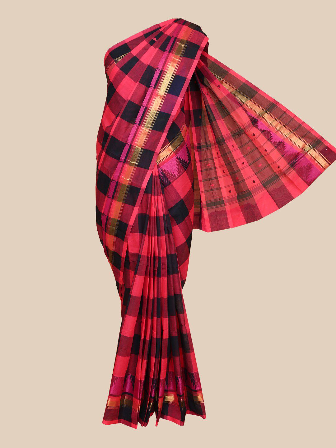 The Chennai Silks Pink & Navy Blue Checked Zari Pure Cotton Chettinad Saree