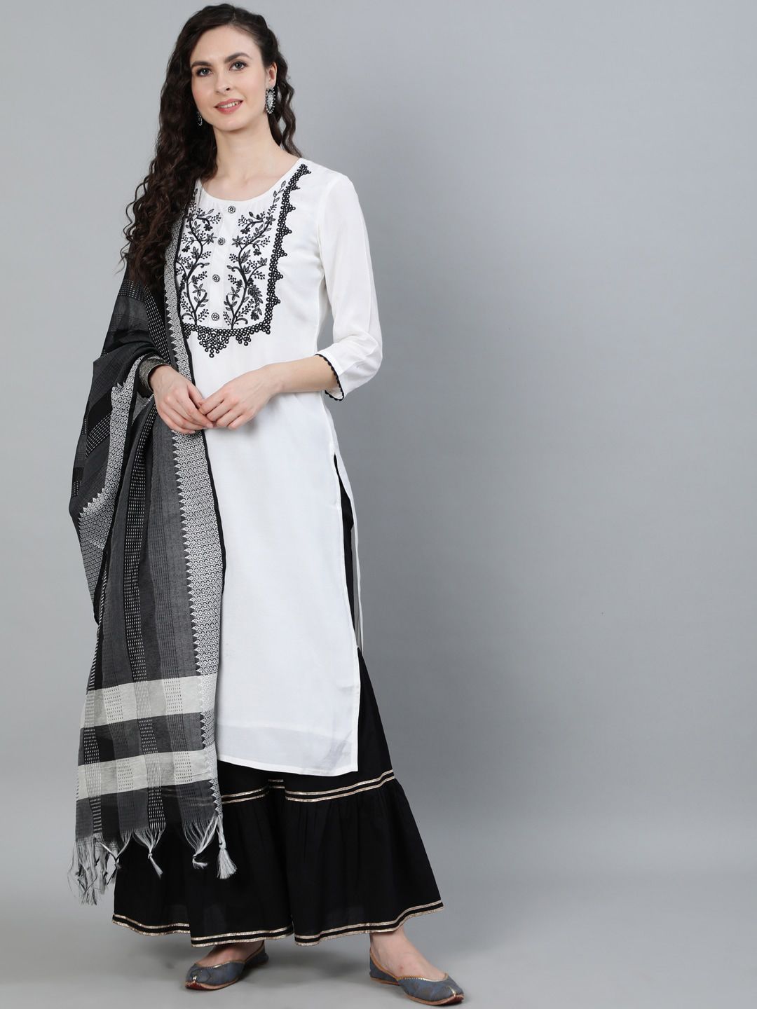 Jaipur Kurti Women White Embroidered Pure Cotton Kurta with Sharara & With Dupatta Price in India