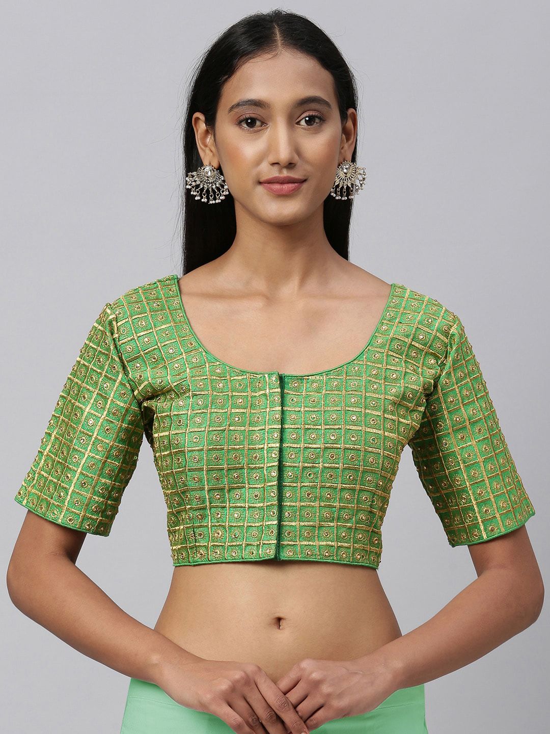 Amrutam Fab Women Green & Gold-Coloured Embroidered Raw Phantom Silk Saree Blouse Price in India