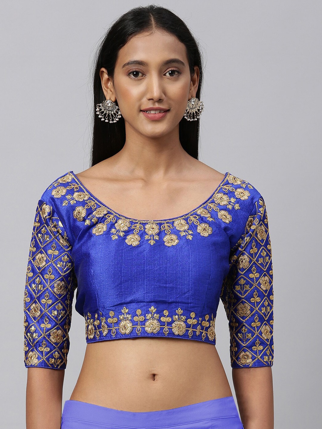 Amrutam Fab Women Blue & Gold-Coloured Embroidered Saree Blouse Price in India