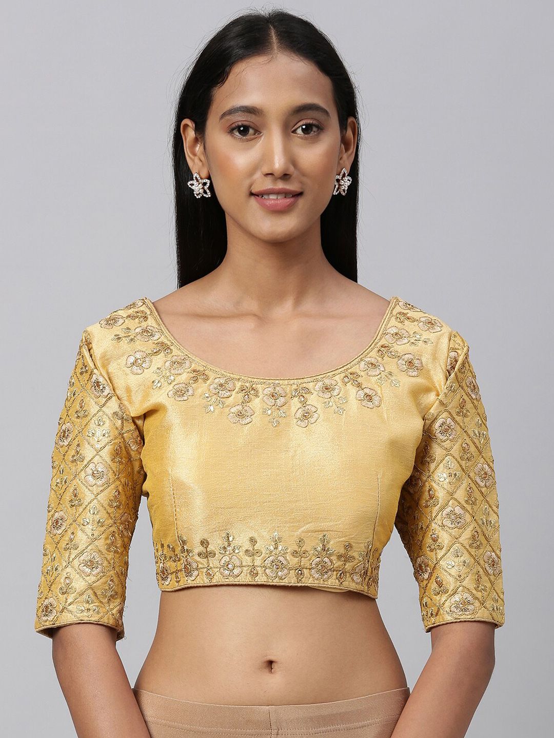 Amrutam Fab Women Beige & Gold-Coloured Embroidered Saree Blouse Price in India