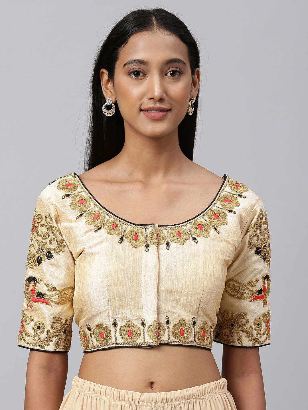 Amrutam Fab Off-White & Gold-Coloured Embroidered Saree Blouse Price in India