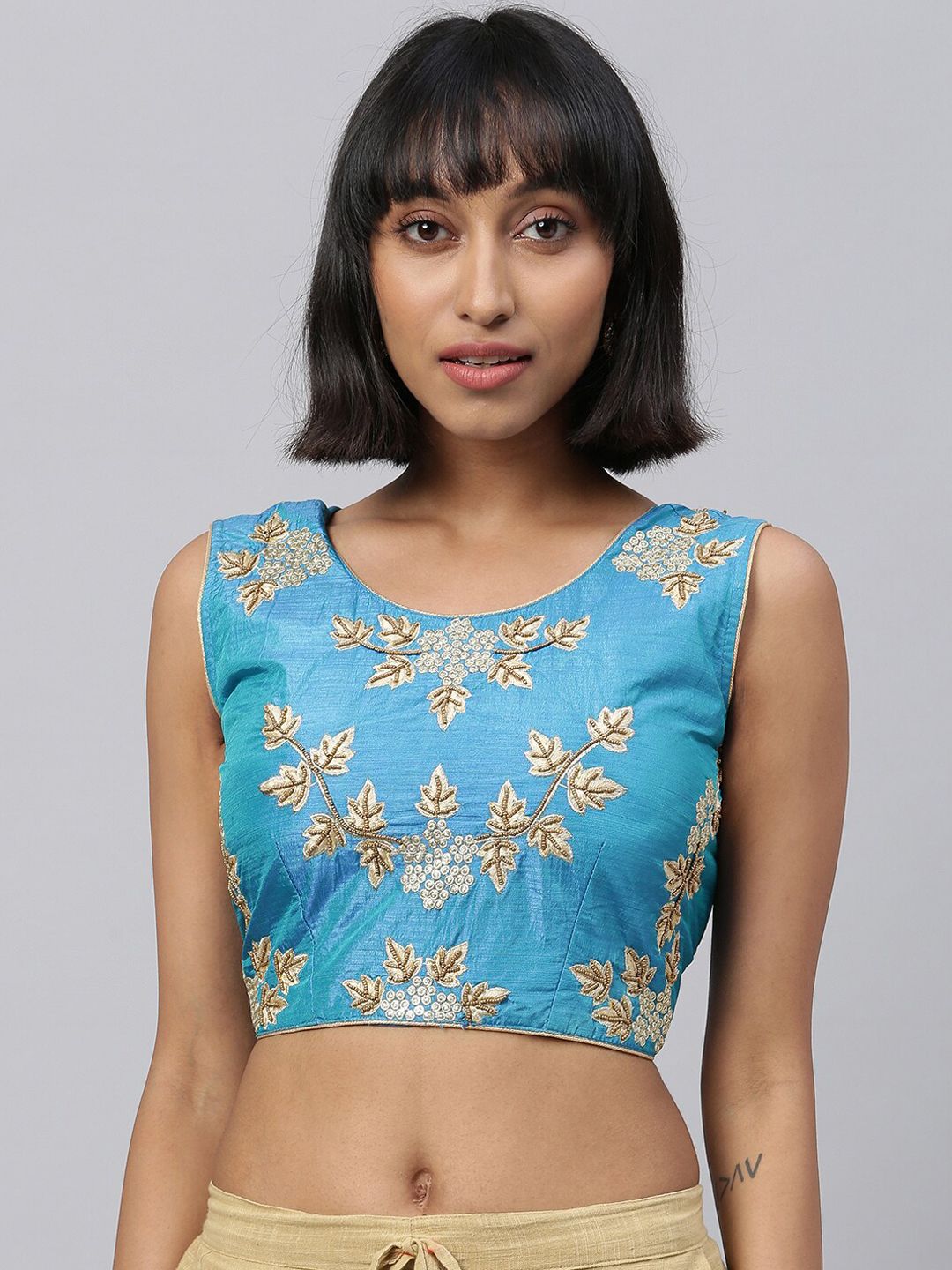 Amrutam Fab Women Blue & Gold-Coloured Embroidered Saree Blouse Price in India