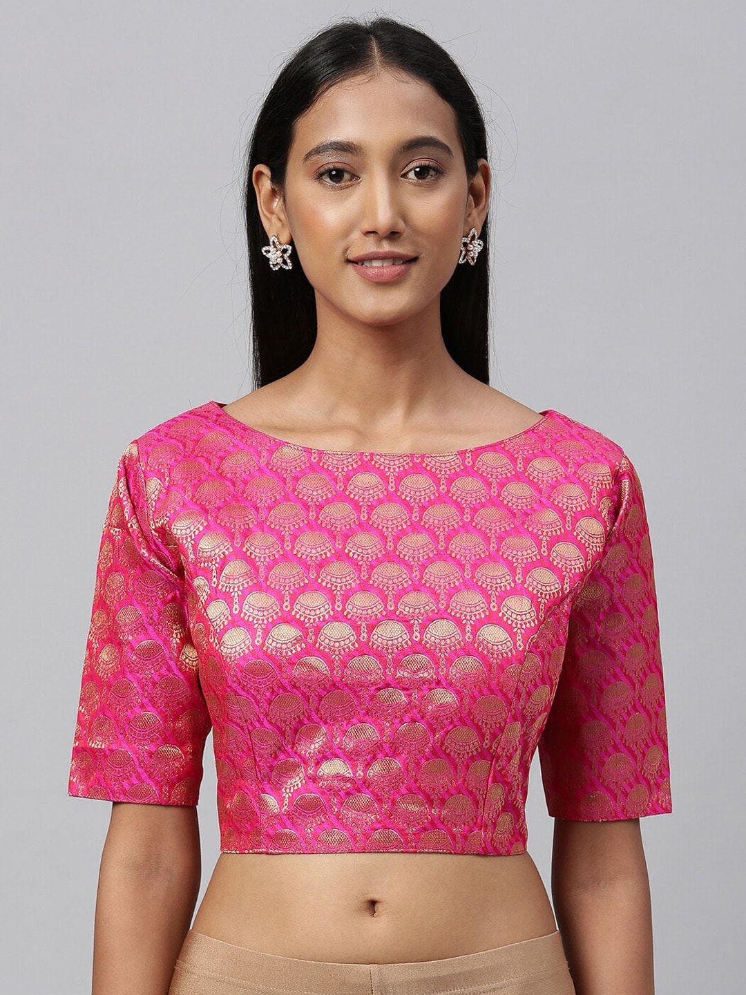 Amrutam Fab Women Pink & Gold-Toned Woven Design Jacquard Saree Blouse Price in India