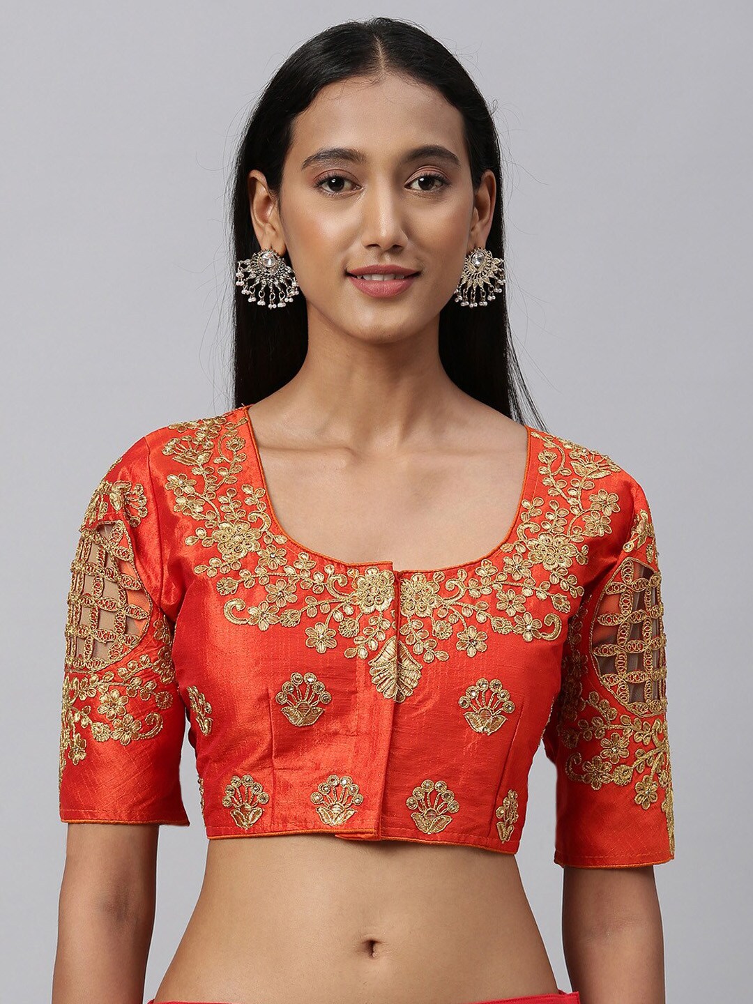 Amrutam Fab Women Orange & Gold-Coloured Embroidered Saree Blouse Price in India