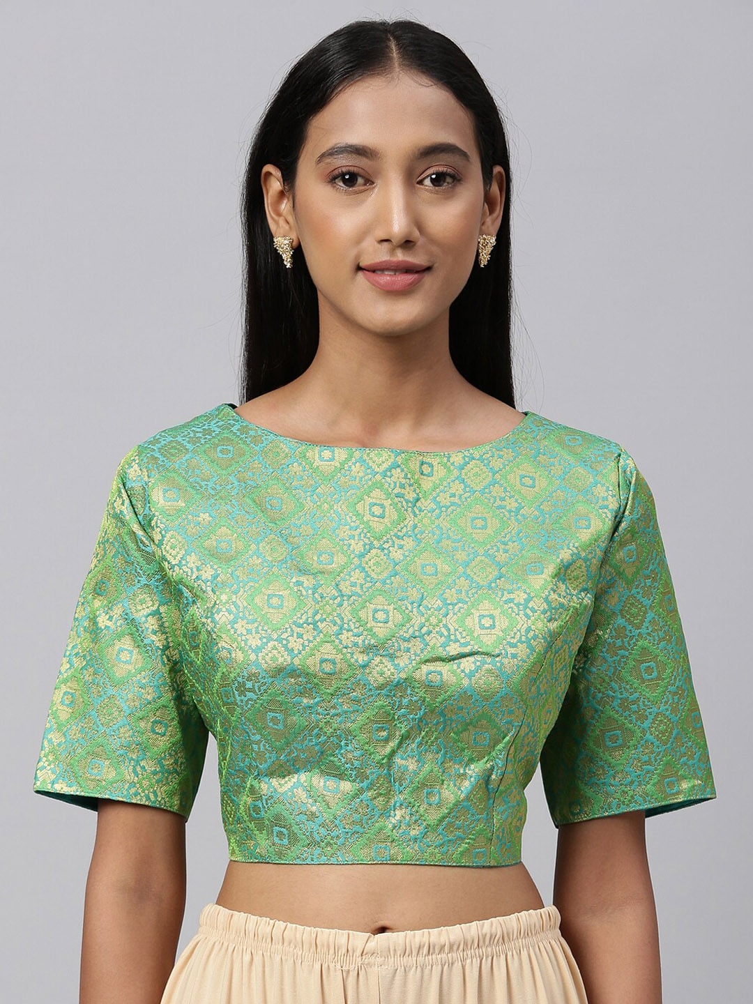 Amrutam Fab Women Green & Gold-Toned Woven Design Jacquard Saree Blouse Price in India