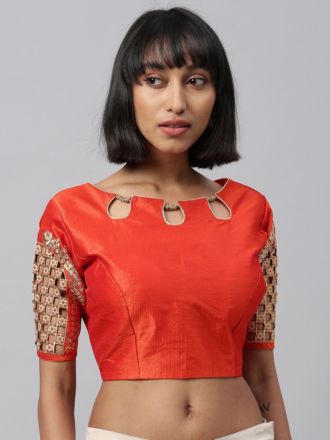 Amrutam Fab Women Orange & Gold-Coloured Embroidered Saree Blouse Price in India
