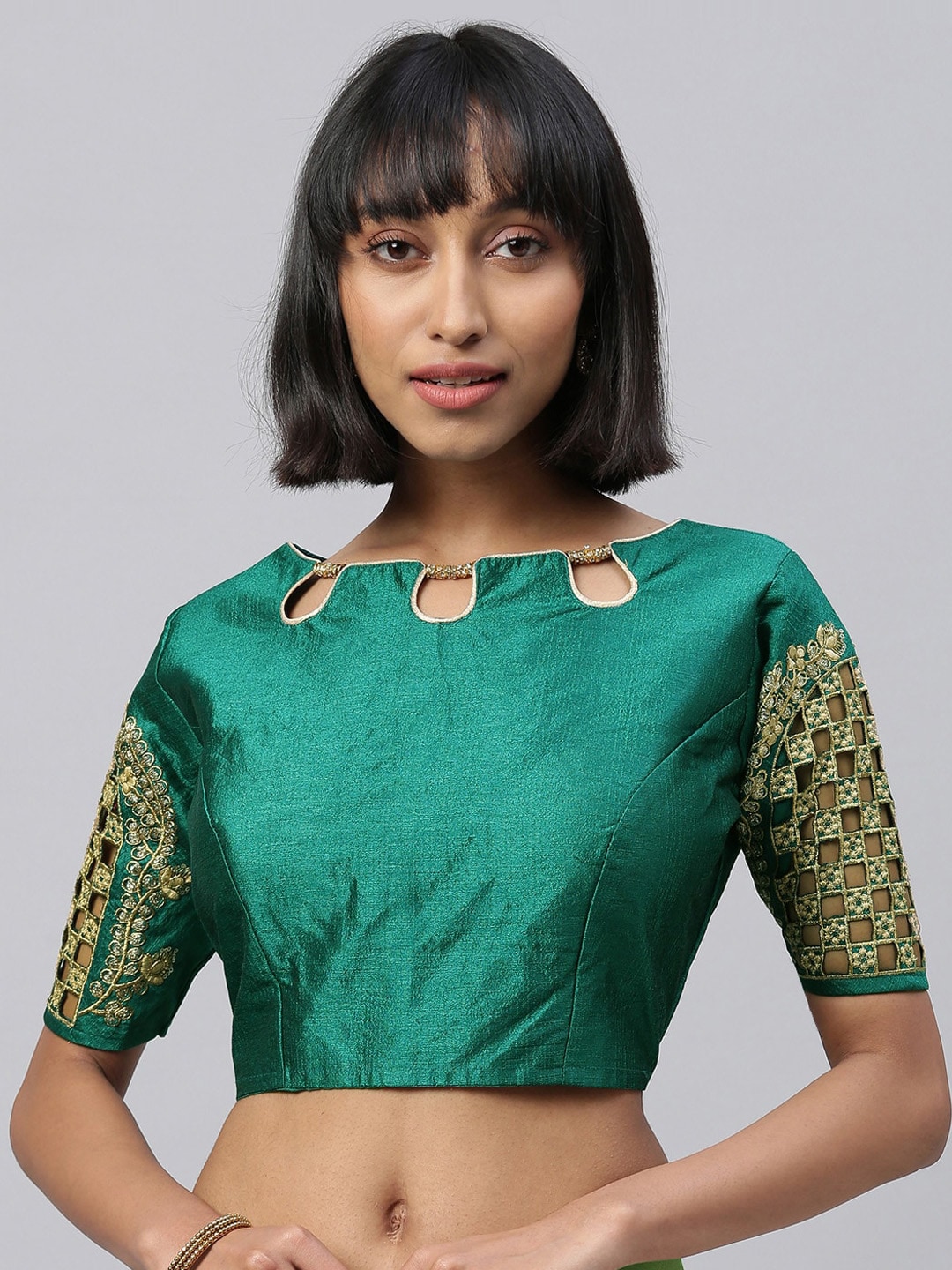 Amrutam Fab Green & Gold-Coloured Embroidered Saree Blouse Price in India