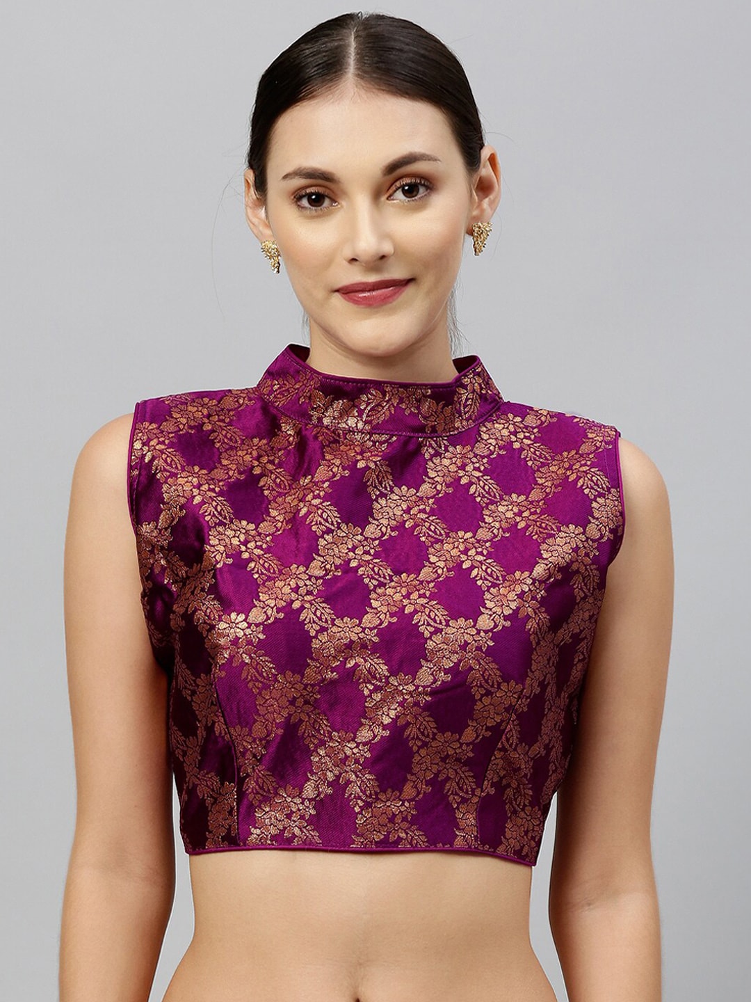 Amrutam Fab Women Purple & Gold-Toned Woven Design Brocade Saree Blouse Price in India
