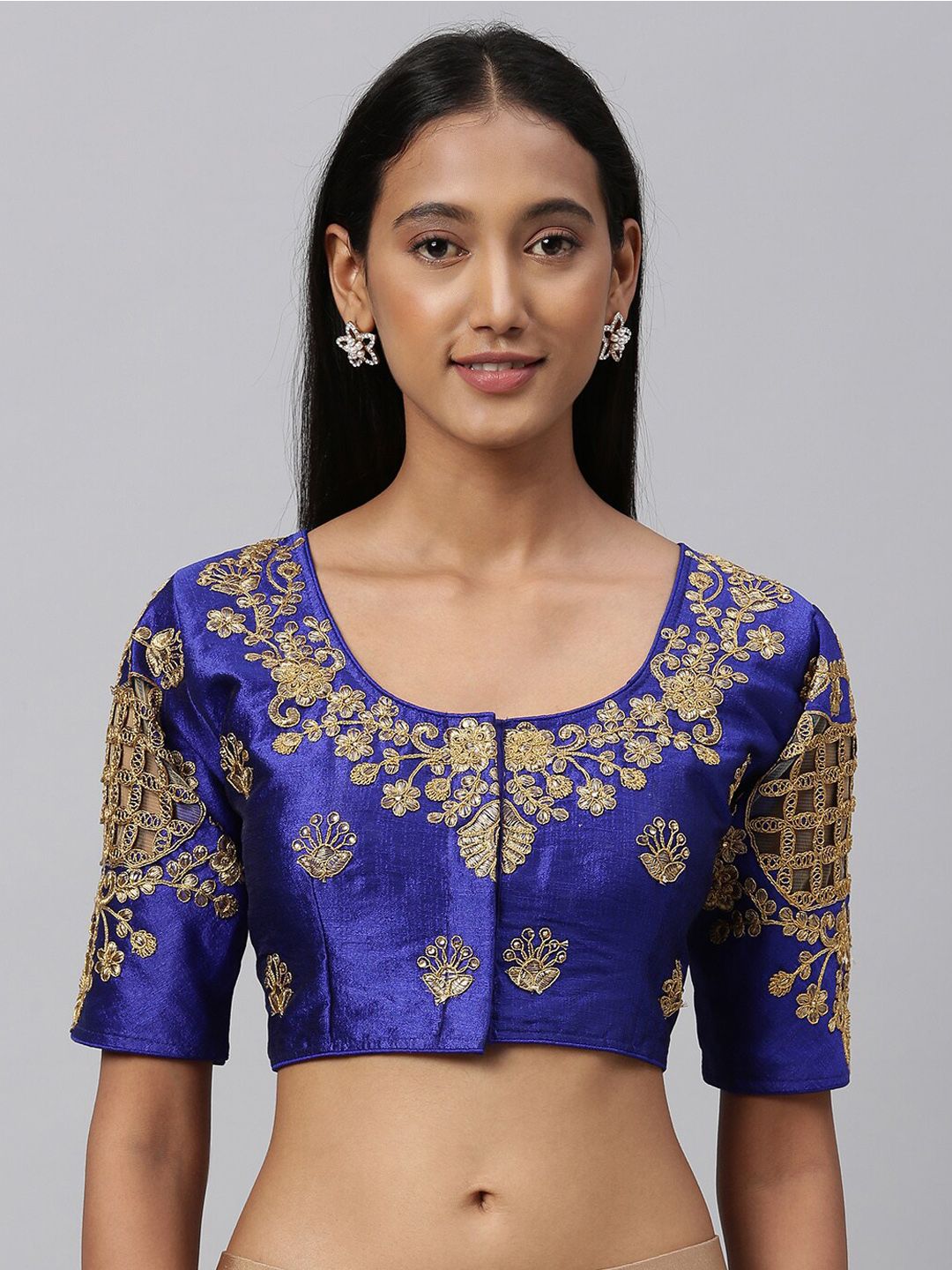 Amrutam Fab Women Blue & Gold-Coloured Embroidered Saree Blouse Price in India