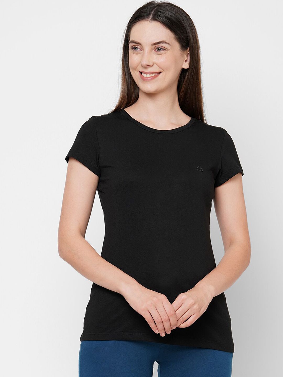 Sweet Dreams Women Black Solid Cotton Lounge T-Shirt Price in India