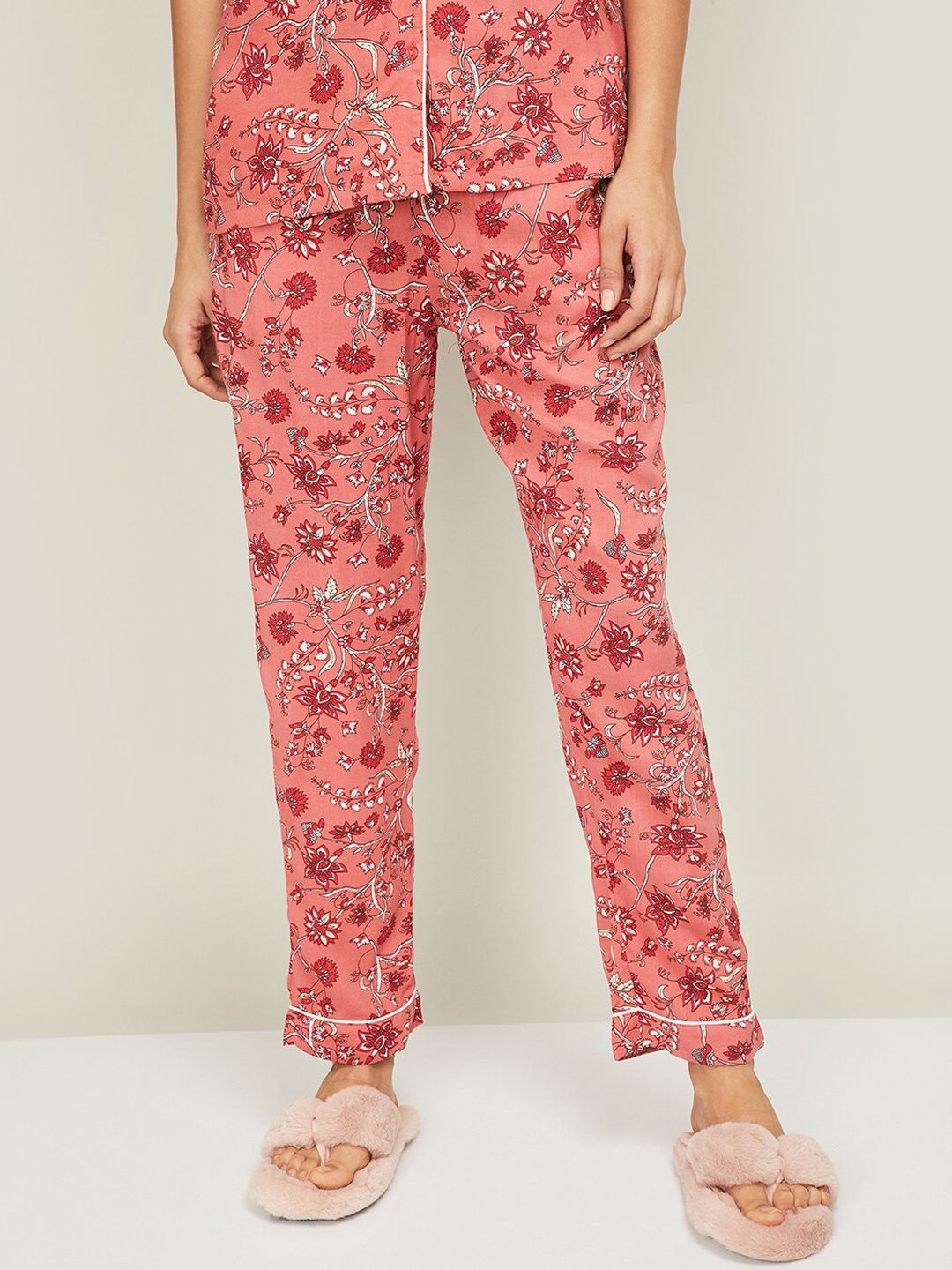 Ginger by Lifestyle Women Coral & Red Floral Print Viscose Rayon Pyajama Price in India