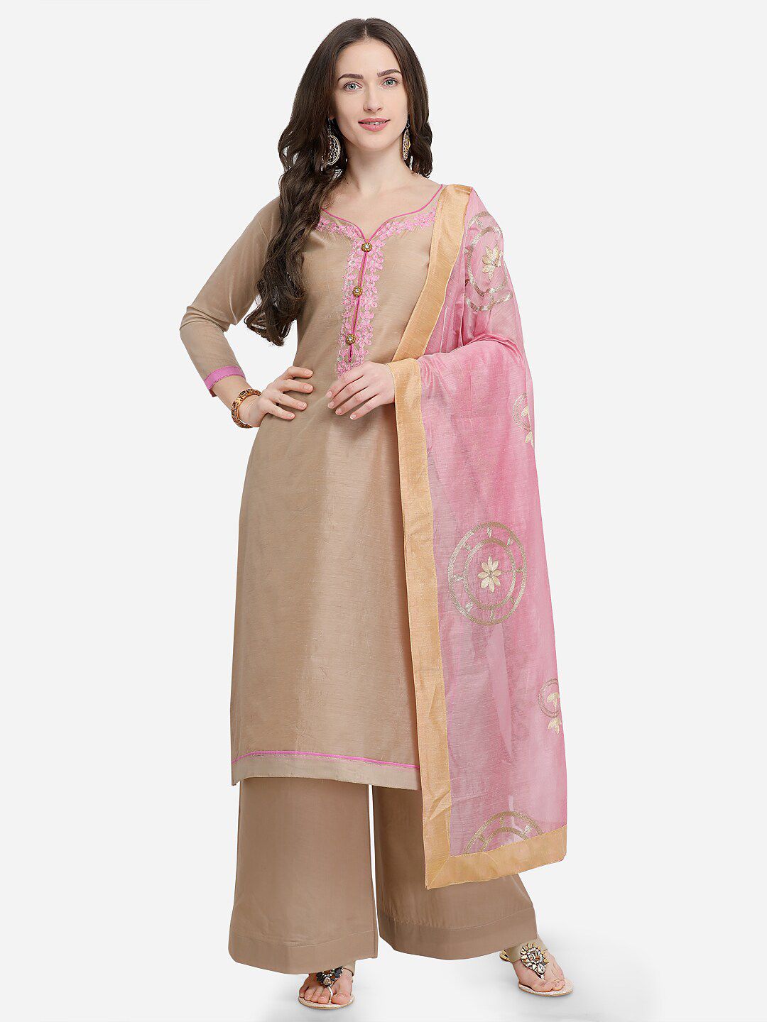 mf Beige & Pink Embroidered Unstitched Dress Material Price in India