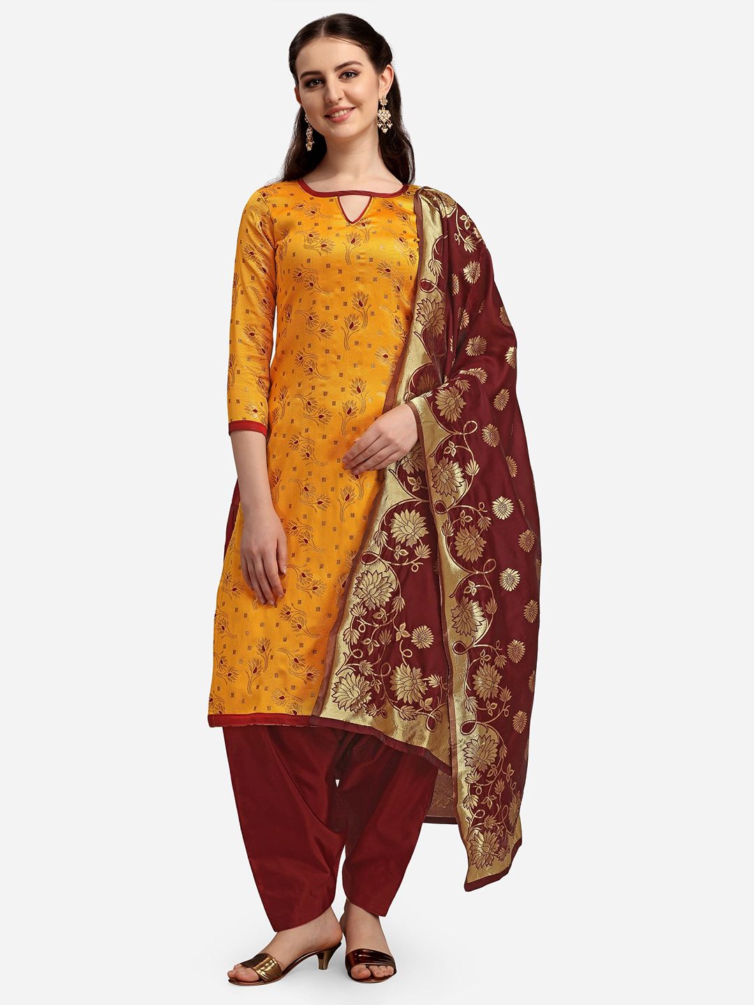 Ethnic Junction Mustard & Maroon Woven Design Unstitched Banarasi Dress Material Price in India