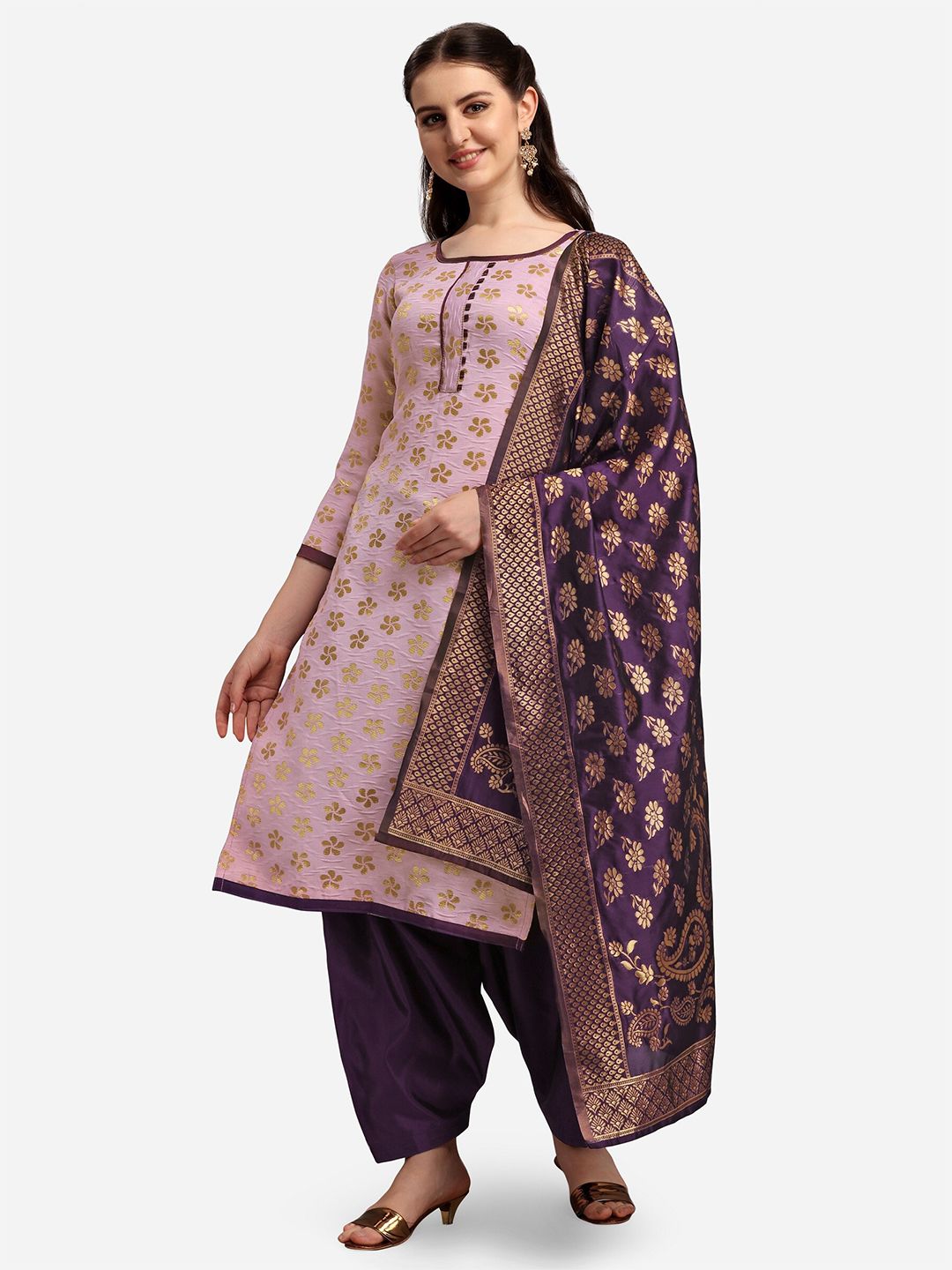 Ethnic Junction Purple & Lavender Woven Design Banarasi Unstitched Dress Material Price in India