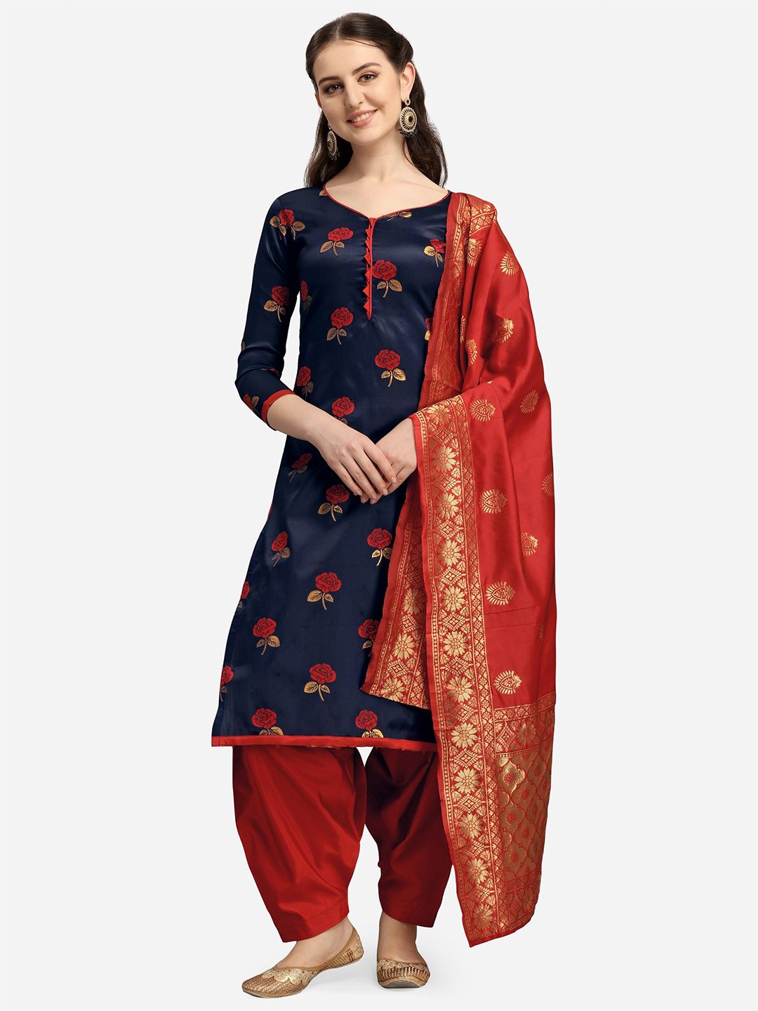 Ethnic Junction Navy Blue & Red Unstitched Dress Material Price in India