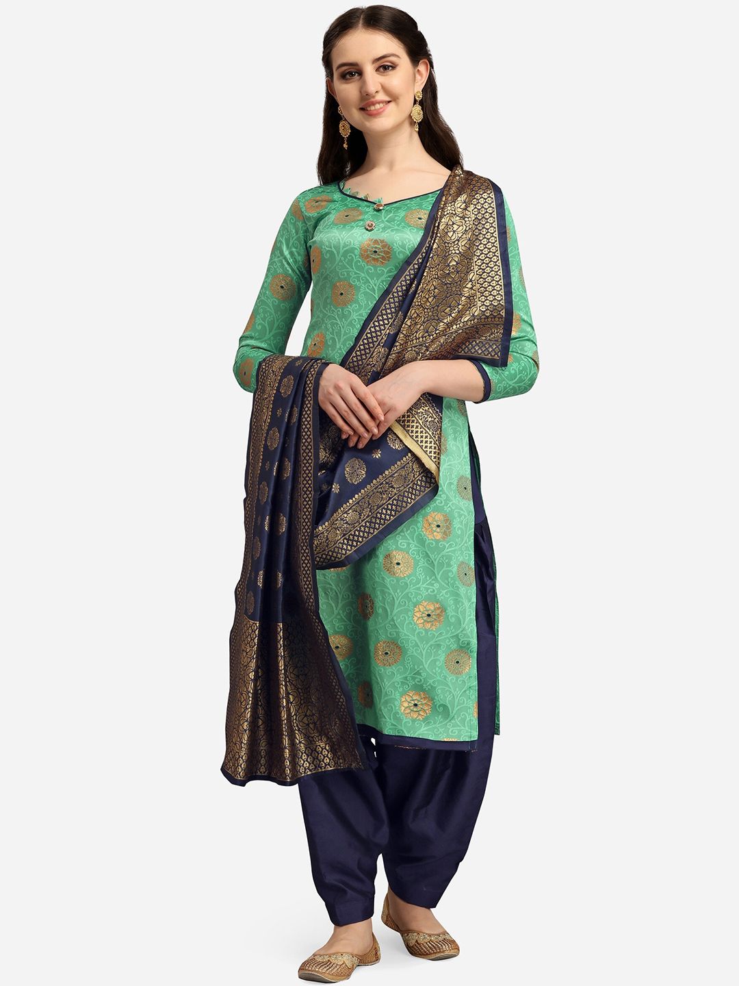 Ethnic Junction Green & Navy Blue Unstitched Dress Material Price in India
