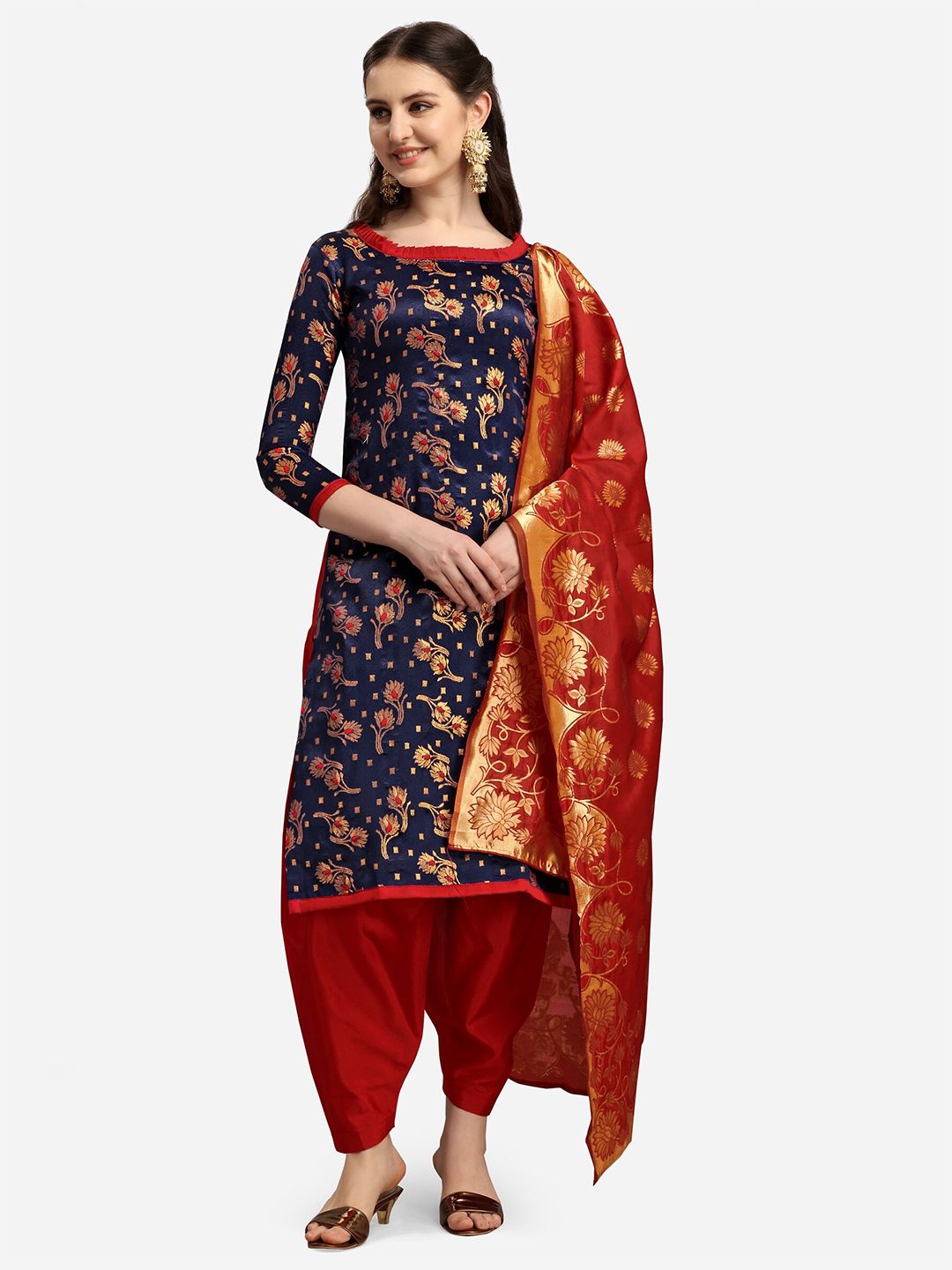 Ethnic Junction Navy Blue & Red Unstitched Dress Material Price in India