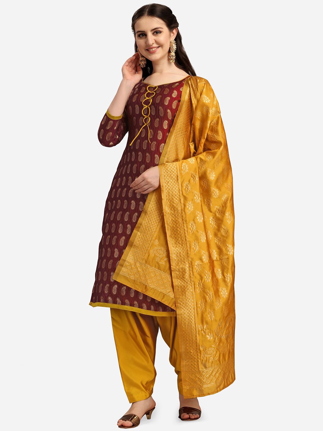 Ethnic Junction Maroon & Yellow Woven Design Banarasi Unstitched Dress Material Price in India