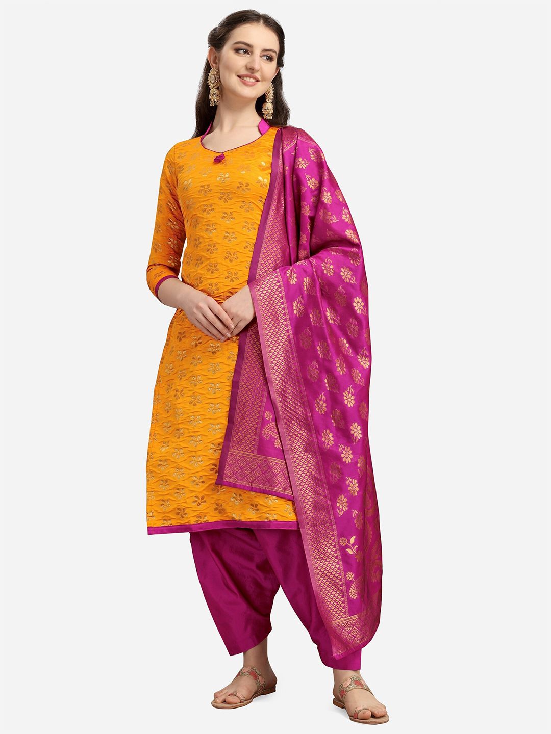 Ethnic Junction Mustard Yellow & Pink Woven Banarasi Unstitched Dress Material Price in India