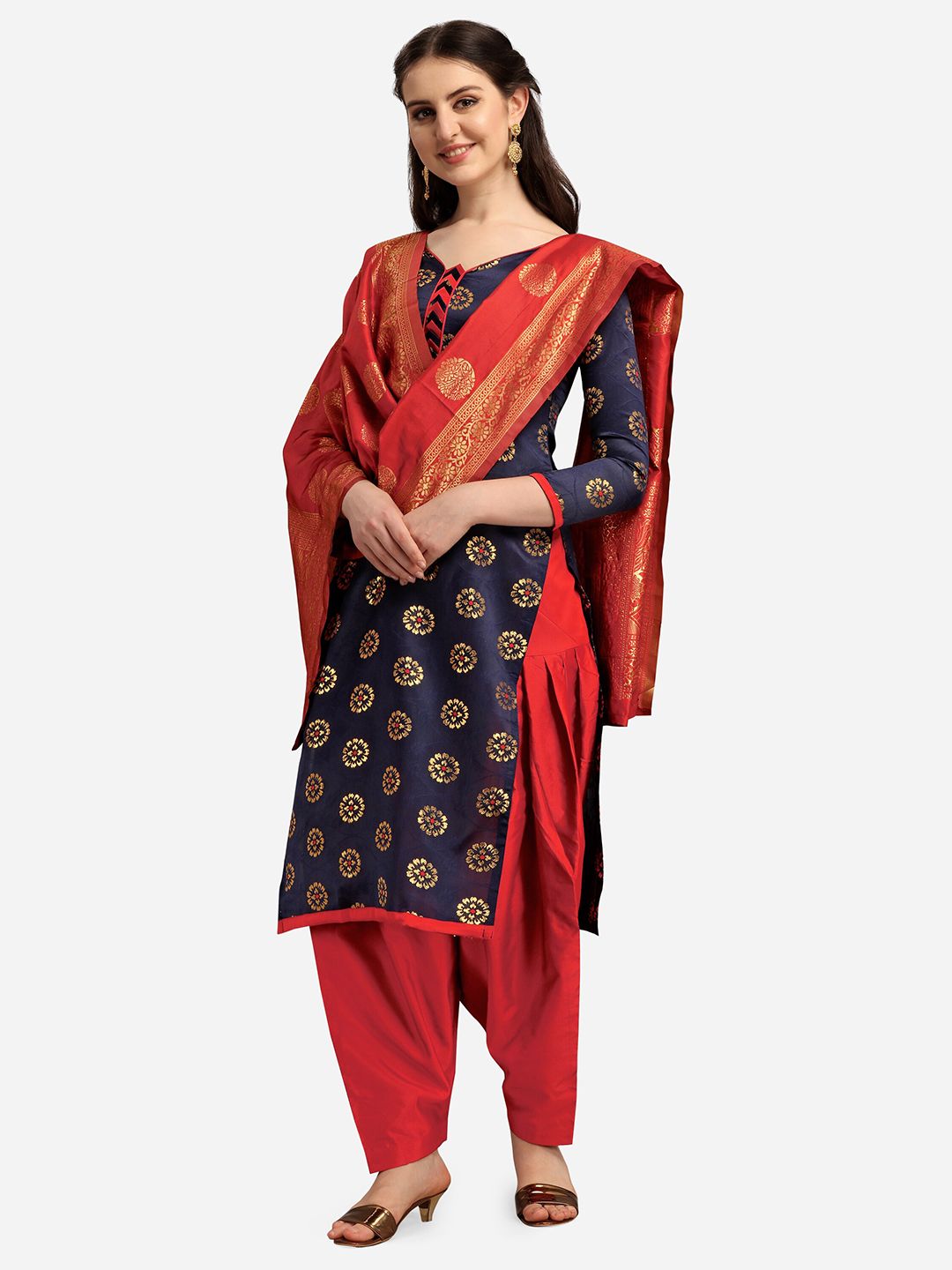 Ethnic Junction Navy Blue & Red Woven Design Banarasi Unstitched Dress Material Price in India