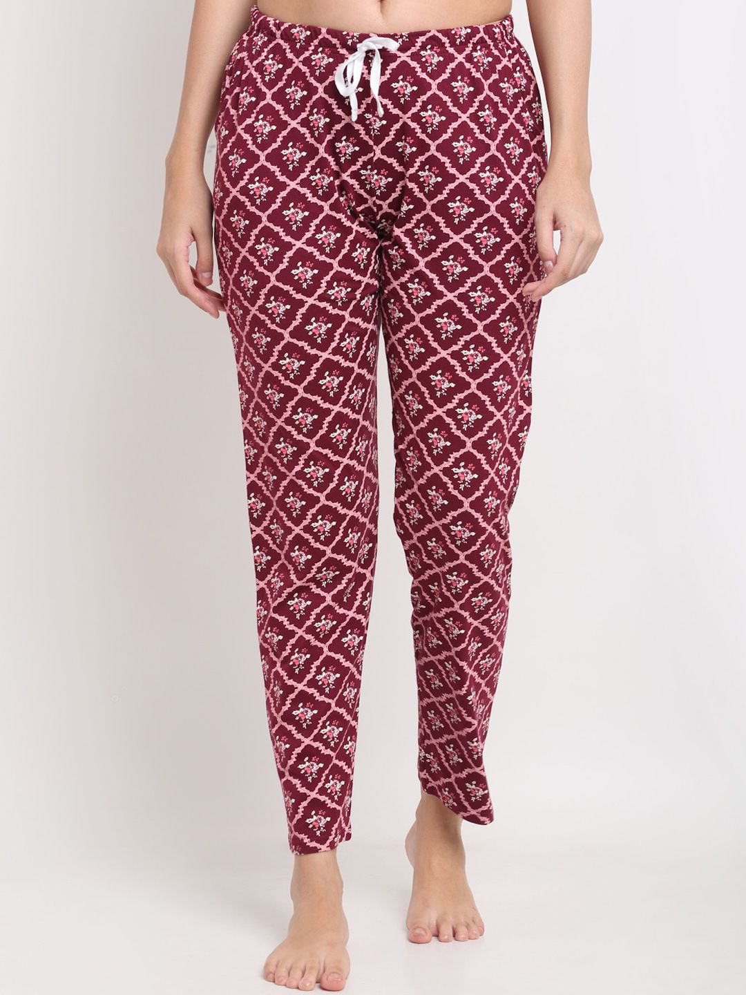 Kanvin Women Maroon & Pink Printed Pure Cotton Lounge Pants Price in India