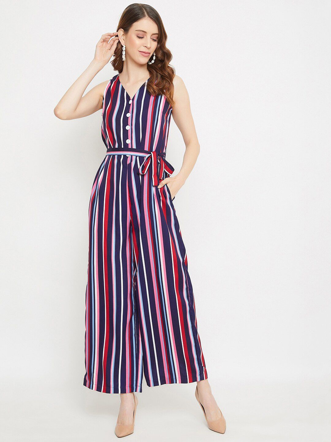 PURYS Women Multicoloured & Navy Blue Striped Basic Jumpsuit Price in India
