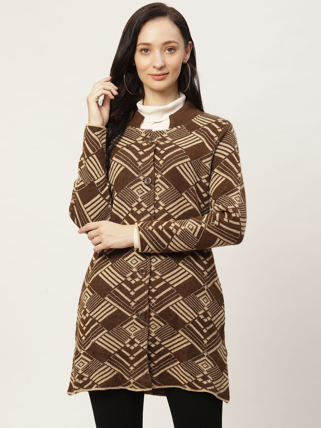 American Eye Women Brown & Beige Self Design Longline Cardigan Price in India