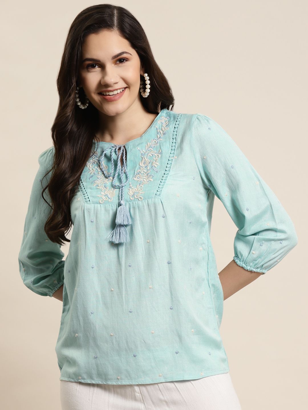 Juniper Sea Green Embroidered Tie-Up Neck Bohemian Liva Regular Top