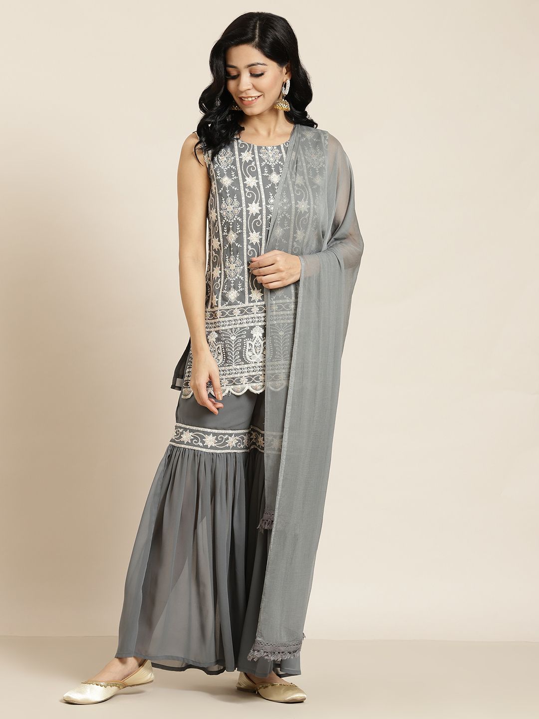 Juniper Women Grey Ethnic Motifs Embroidered Sequinned Kurta with Sharara & Dupatta Price in India