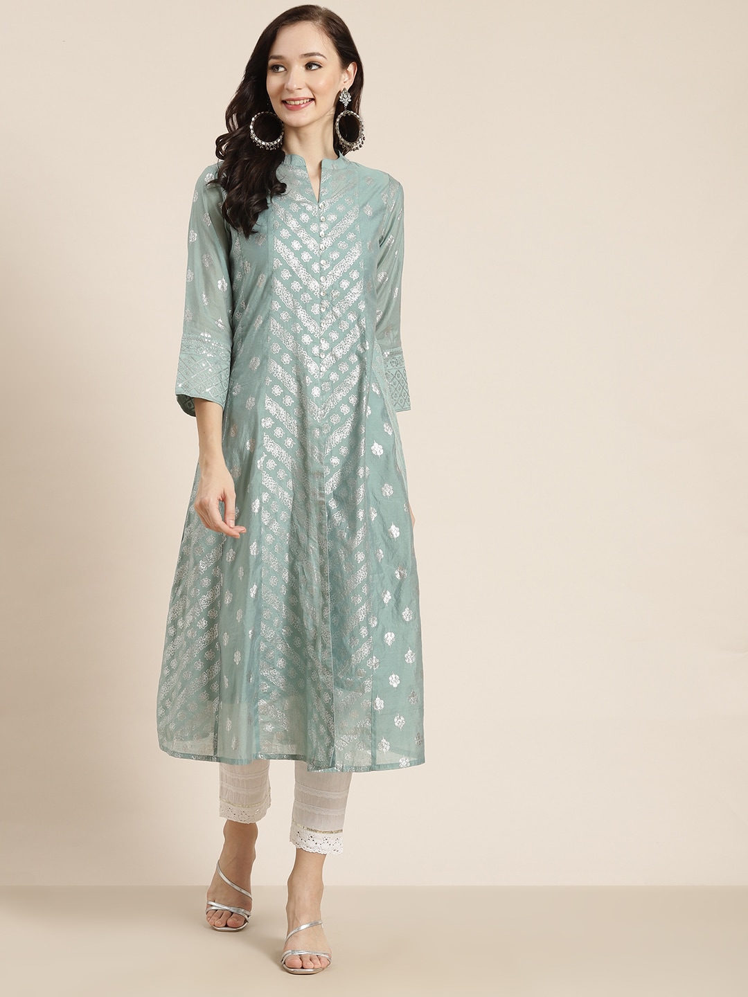 Juniper Women Sea Green & White Indie Prints Chanderi Silk Chanderi Silk Anarkali Kurta Price in India