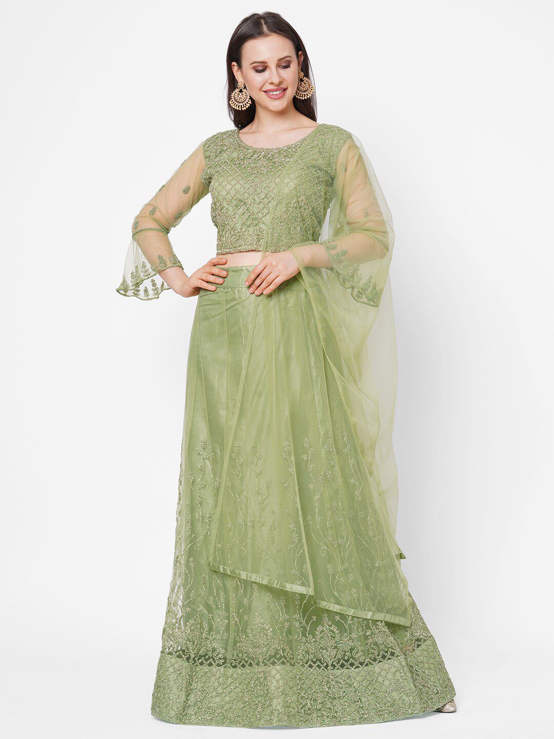 RedRound Green Embroidered Thread Work Unstitched Lehenga & Blouse With Dupatta Price in India