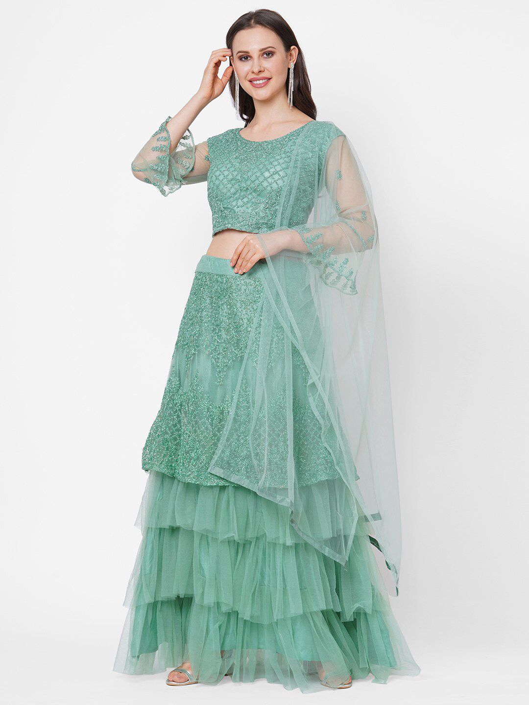 RedRound Sea Green Embroidered Semi-Stitched Lehenga & Unstitched Blouse With Dupatta Price in India