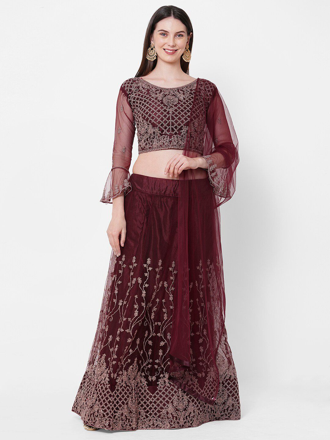 RedRound Maroon Embroidered Thread Work Unstitched Lehenga & Blouse With Dupatta Price in India