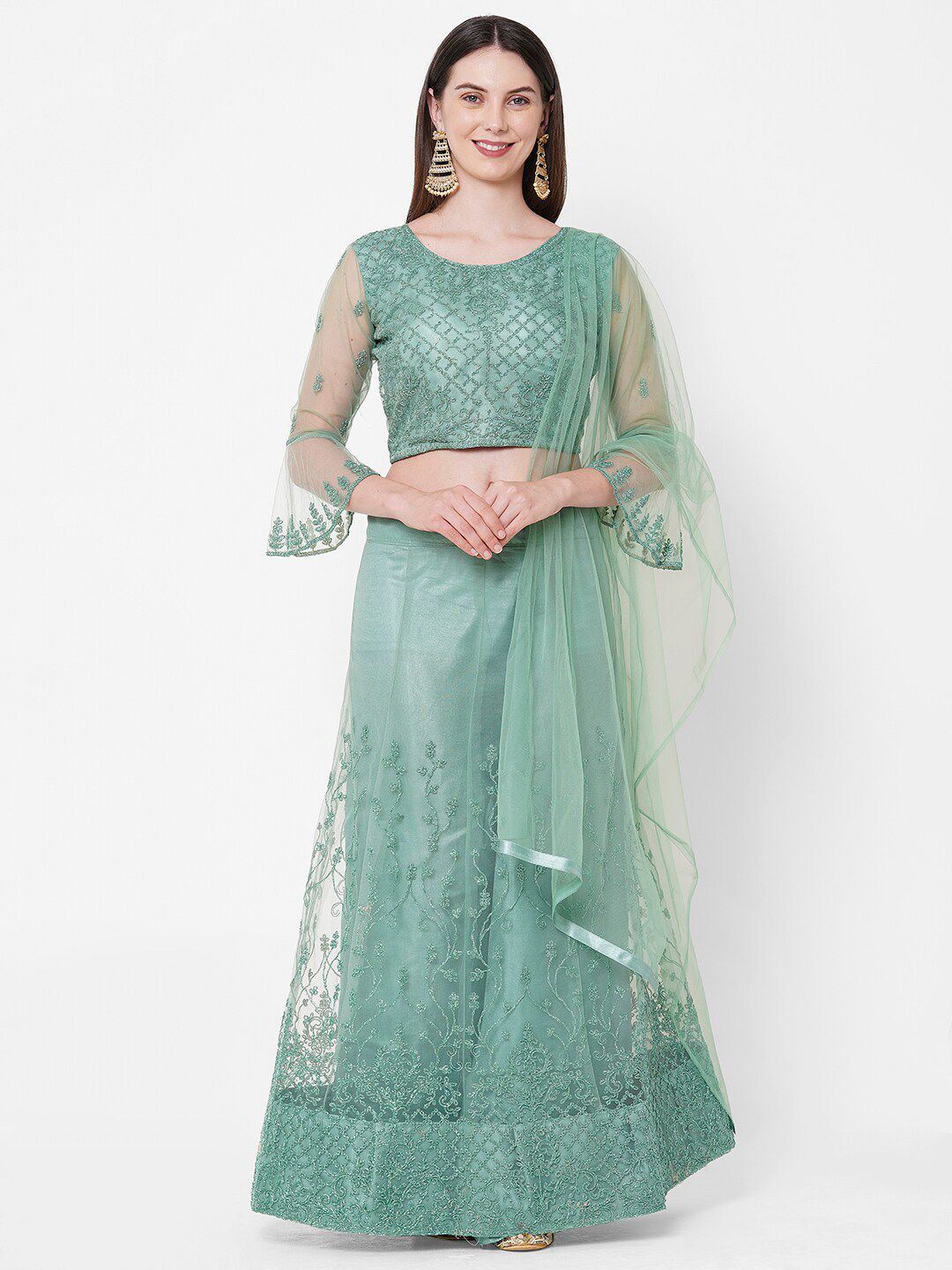 RedRound Sea Green Embroidered Semi-Stitched Lehenga & Unstitched Blouse With Dupatta Price in India