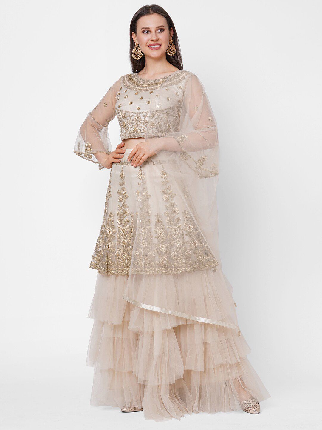 RedRound Beige & Gold-Toned Embroidered Unstitched Lehenga & Blouse With Dupatta Price in India