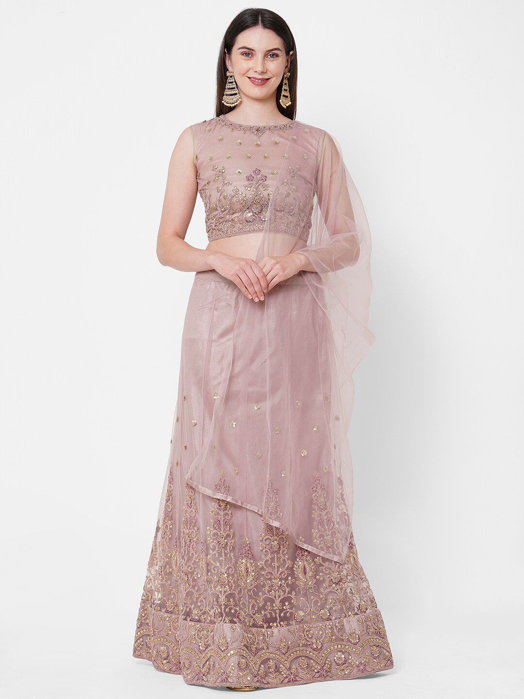 RedRound Pink & Gold-Toned Embroidered Semi-Stitched Lehenga & Unstitched Blouse With Dupatta Price in India