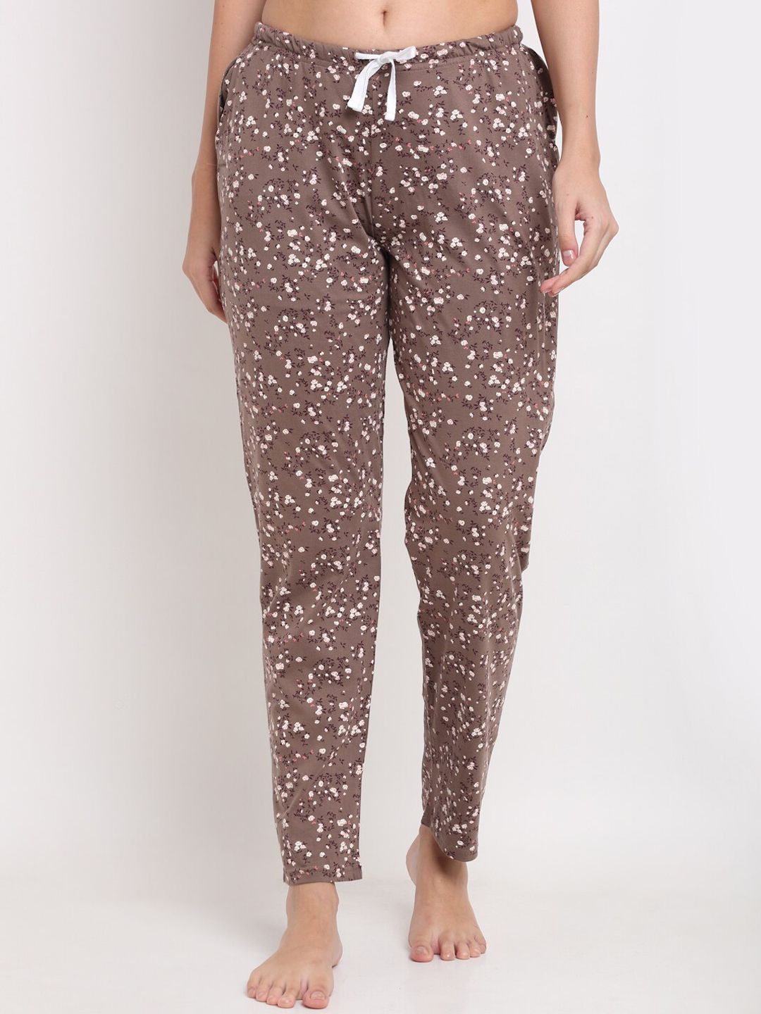 Kanvin Women Brown & White Printed Pure Cotton Lounge Pants Price in India