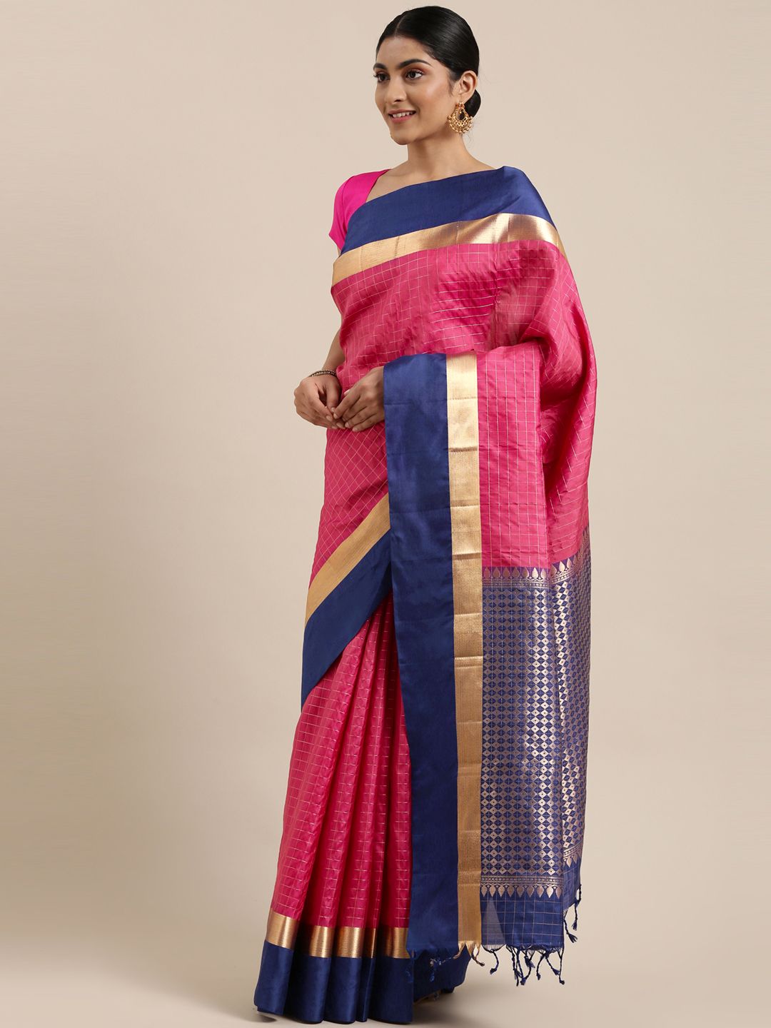 The Chennai Silks Classicate Pink & Golden Checked Zari Pure Silk Kanjeevaram Saree Price in India