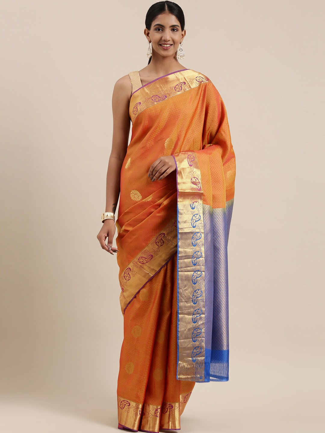 The Chennai Silks Classicate Orange & Golden Woven Design Zari Pure Silk Kanjeevaram Saree Price in India