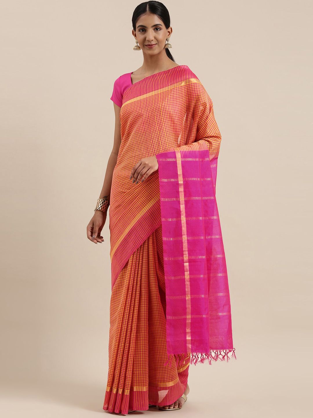 The Chennai Silks Classicate Pink & Yellow Checked Silk Cotton Maheshwari Saree Price in India