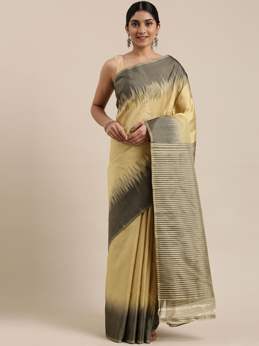 The Chennai Silks Classicate Beige Solid Pure Silk Kanjeevaram Saree Price in India
