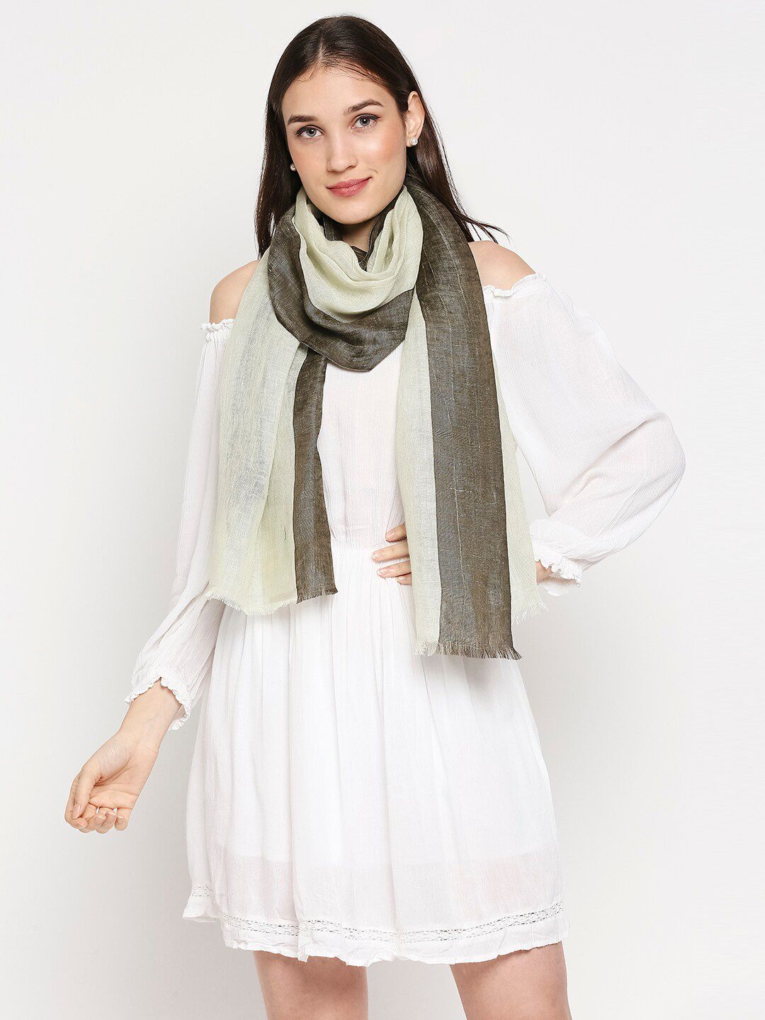 Orbbaan Women Olive Green & Cream-Coloured Colourblocked Scarf Price in India