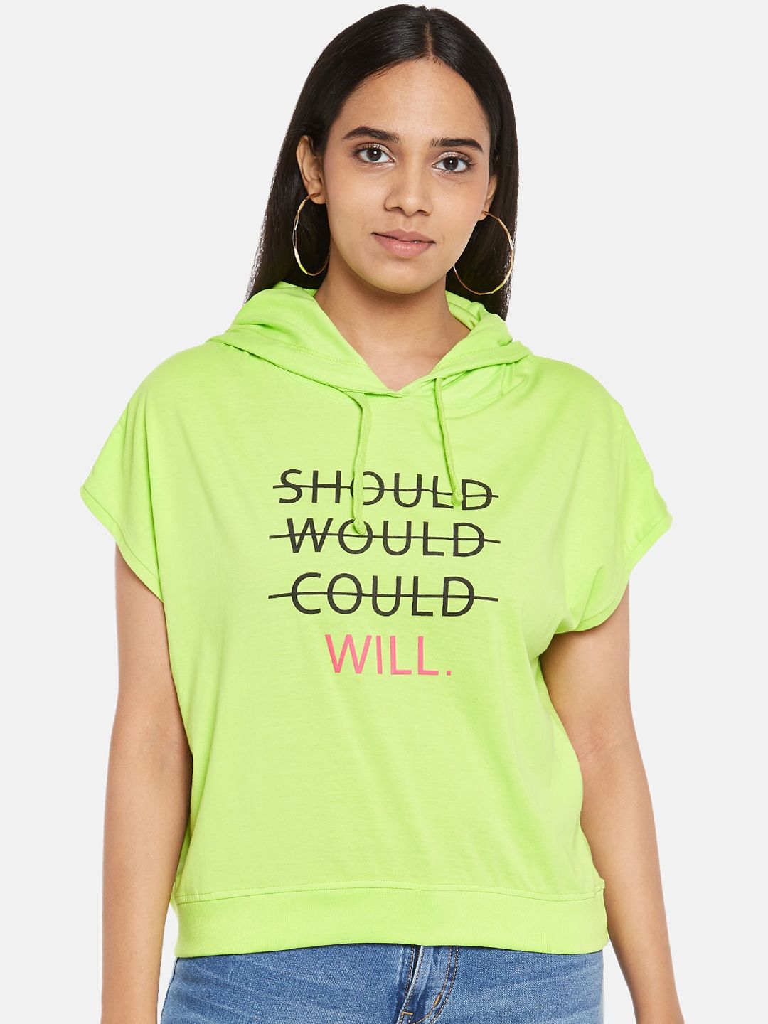 People Women Lime Green Typography Printed Sweatshirt Price in India