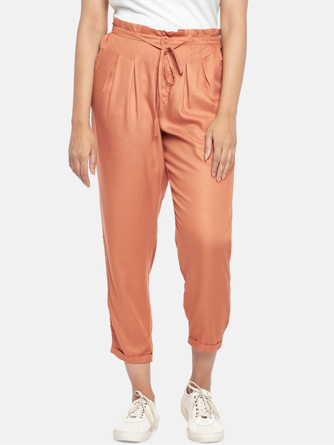 People Women Rust Slim Fit High-Rise Pleated Trousers Price in India