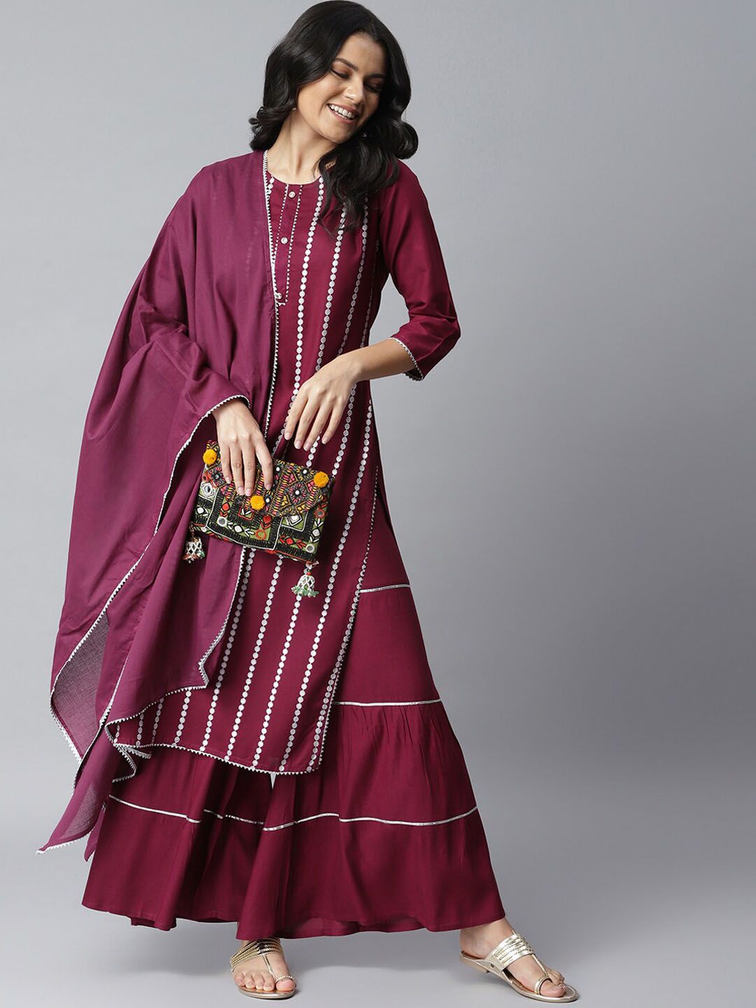 Stylum Women Purple Printed Kurta with Sharara & Dupatta Price in India