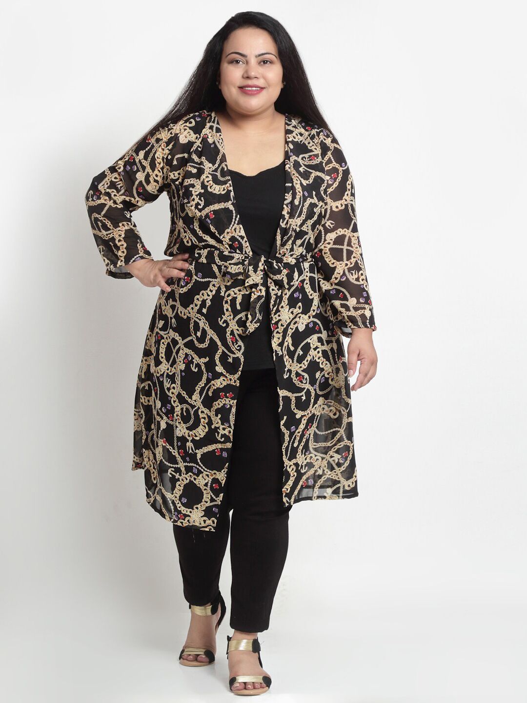 sindrellastorie Women Black & Beige Printed Tie-Up Shrug Price in India