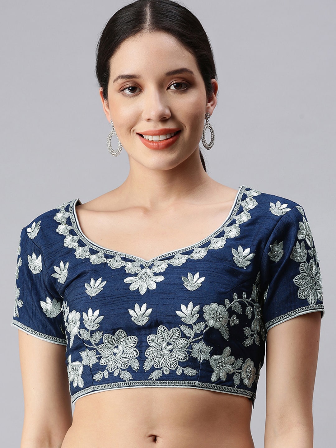 flaher Women Navy Blue & Silver Embroidered Art Silk Saree Blouse Price in India