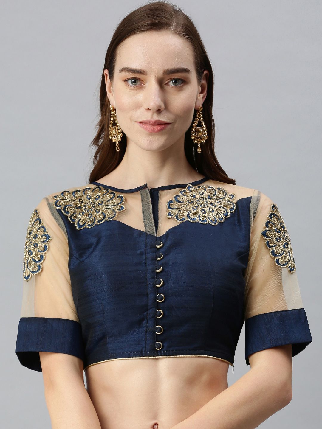 flaher Women Navy Blue Embroidered Art Silk Saree Blouse Price in India